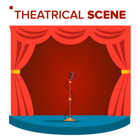 Theatrical Scene Vector. Performane. Stage Podium. Red Velvet Curtains. Event Show. Isolated Flat Cartoon Illustrationのイラスト素材