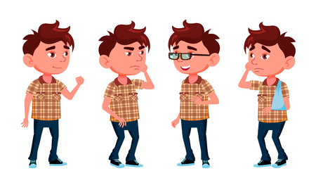 Boy Kindergarten Kid Poses Set Vector. Caucasian Child Expression. Broken Arm, Gglasses, Ill. For Banner, Flyer, Web Design. Isolated Cartoon Illustrationのイラスト素材