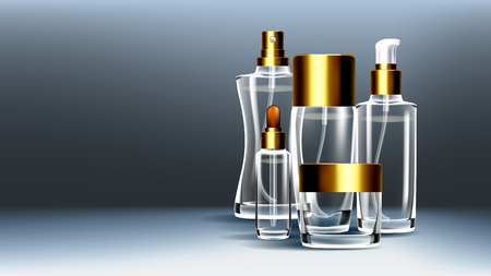 Cosmetic Glass Packaging Vector. Facial Lotion. Soft Spray. Bottle. Jar. 3D Transparent Realistic Mockup Template Illustrationのイラスト素材