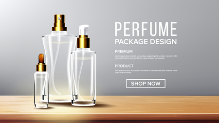 Cosmetic Glass Design Vector. Bottle. Oil, Water, Perfume. Premium Jar. 3D Isolated Transparent Realistic Mockup Template Illustrationのイラスト素材