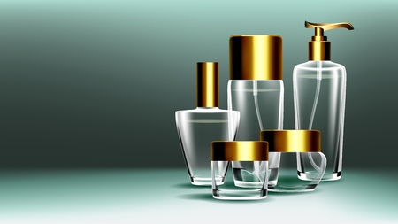 Cosmetic Glass Banner Vector. Bottle. Premium Jar. Perfume, Essence. 3D Transparent Realistic Mockup Template Illustrationのイラスト素材