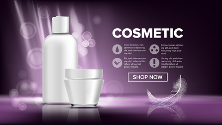 Cosmetic Bottle Advertising Vector. Empty Plastic. Sale Flyer. Luxury Light. Abstract Label. Shiny Object. 3D Mockup Realistic Illustrationのイラスト素材