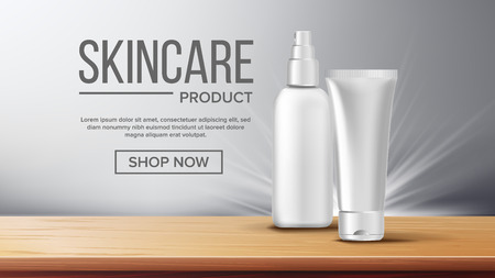 Cosmetic Bottle Banner Vector. Elegant Woman. Female Hygiene. Exhibition Brochure. Jar Blank. Glossy, Bright. Clean, Glowing. 3D Mockup Realistic Illustrationのイラスト素材