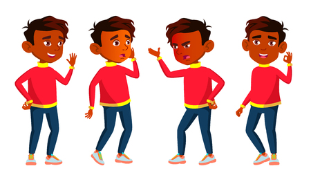 Indian Boy Schoolboy Poses Set Vector. Primary School Child. Happy Childhood. Friend, Stages. For Web, Poster, Booklet Design. Isolated Cartoon Illustrationのイラスト素材