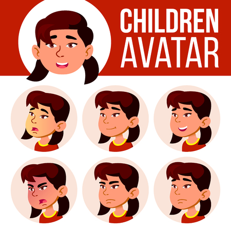 Asian Girl Avatar Set Kid Vector. Kindergarten. Face Emotions. Portrait, User, Child. Junior, Pre-school Kiddy Placard Presentation Head Illustrationのイラスト素材