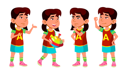Asian Girl Kindergarten Kid Poses Set Vector. Preschooler Playing. Friendship. For Web, Poster, Booklet Design. Isolated Illustrationのイラスト素材