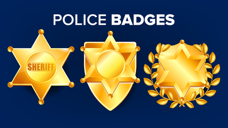 Sheriff Badge Vector. Golden Star. Officer Icon. Detective Insignia. Sevurity Emblem. Western Style. Retro Object. 3D Realistic Illustrationのイラスト素材