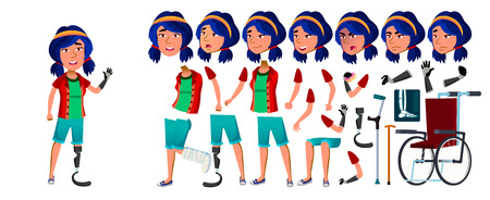 Asian Girl Vector. School Child. Animation Creation Set. Face Emotions, Gestures. Health Concept. Cyborg, Hybrid. Amputation Prosthesis For Presentation Design Animated Illustrationのイラスト素材