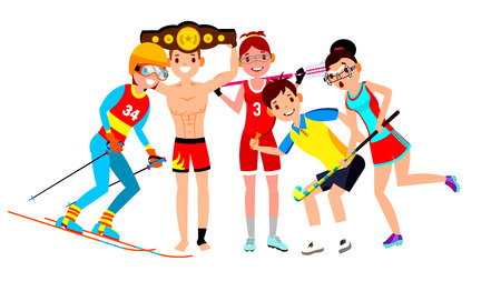 Athlete Set Vector. Man, Woman. Skiing, Boxing, Lacrosse, Table Tennis, Field Hockey. Group Of Sports People In Uniform, Apparel. Sportsman Character In Game Action Cartoon Illustrationのイラスト素材