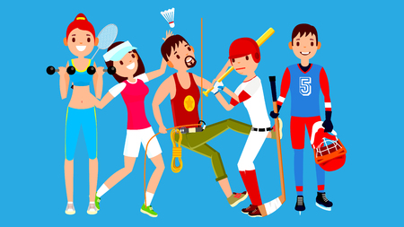 Athlete Set Vector. Man, Woman. Fitness Girl, Tennis, Climber, Baseball, Hockey. Group Of Sports People In Uniform, Apparel. Sportsman Character In Game Action Cartoon Illustrationのイラスト素材