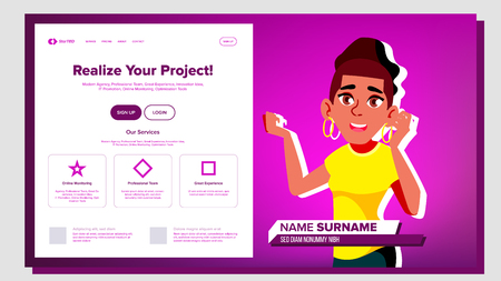 Self Presentation Vector. African American Female. Introduce Yourself Your Project, Business. Illustrationのイラスト素材