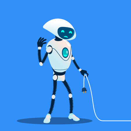 Tired Robot Holding Charging Cord Vector. Lost Connection. Isolated Illustrationのイラスト素材