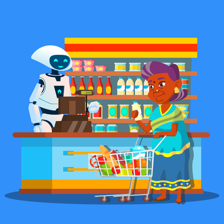 Root Seller In Store With Buyer Near Cashier Vector. Isolated Illustrationのイラスト素材