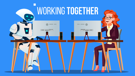 Robot Working In The Office At Computer Desk With People Vector. Illustrationのイラスト素材