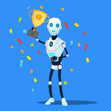 Robot Holds The Winner Cup In Hand Vector. Illustrationのイラスト素材