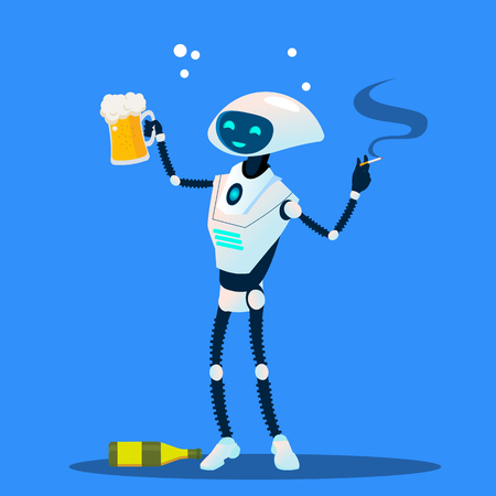Drunk Robot With Cigarette And Glass Of Beer Vector. Illustrationのイラスト素材