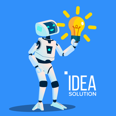 Smart Robot With Yellow Bulb Find An Idea, Solution Vector. Illustrationのイラスト素材