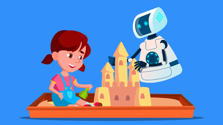 Robot Builds A Sand Castle With Little Child On The Sandbox Vector. Isolated Illustrationのイラスト素材