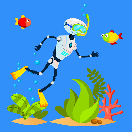 Robot Tourist Swimming Among Fish With Diving Mask Vector. Illustrationのイラスト素材