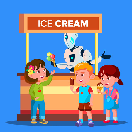 Robot Sells Ice Cream To Happy Boys And Girls Vector. Illustrationのイラスト素材
