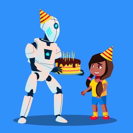 Robot With Birthday Cake In Hands At Celebration Vector. Illustrationのイラスト素材