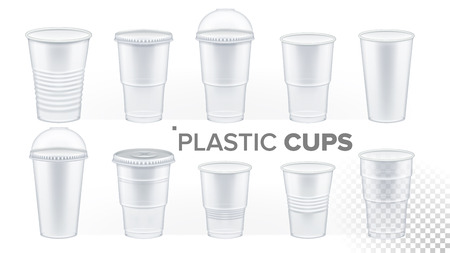 Plastic Cup Transparent Set Vector. Drink Mug. Disposable Tableware Clear Empty Container. Cold Or Hot Takeaway Drink. Isolated 3D Realistic Illustrationのイラスト素材