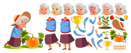 Asian Old Woman Vector. Senior Person Portrait. Elderly People. Aged. Animation Set. Vegetable Garden. Face Emotions, Gestures. Comic Pensioner. Lifestyle Advertising Animated Illustrationのイラスト素材