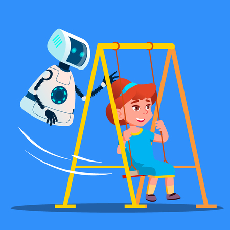 Robot Swinging Little Girl On Swing On Playground Vector. Isolated Illustrationのイラスト素材