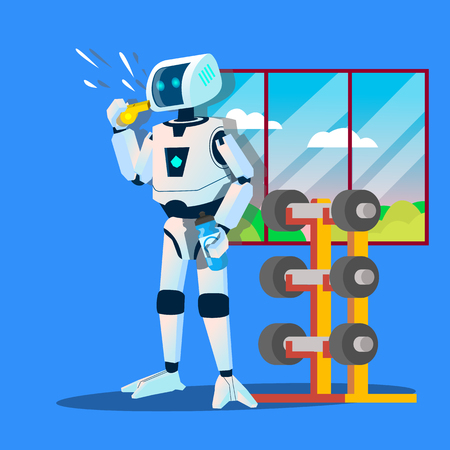Robot Sports Coach Whistles In Gym Vector. Illustrationのイラスト素材