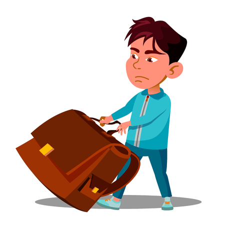 Child Boy With Effort Draging Along The Floor A Heavy School Backpack Vector. Illustrationのイラスト素材