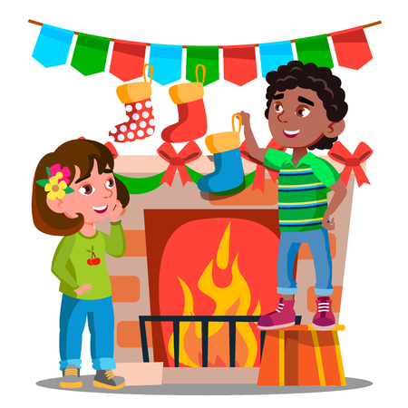 Two Kids Hanging Christmas Socks On Decorated Fireplace Vector. Illustrationのイラスト素材