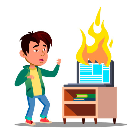 Scared Asian Kid Next To Burst Into Flame Laptop Vector. Illustrationのイラスト素材