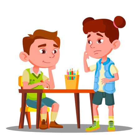 Boy Drawing With Colored Pencils And Offended Girl Stands Next To Him Vector. Illustrationのイラスト素材