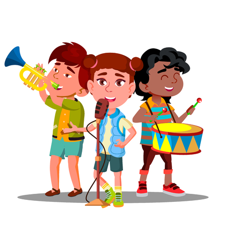 Children Ensemble. Children Play Musical Instruments And Sing Vector. Illustrationのイラスト素材