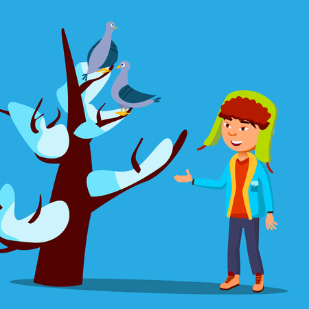 Child In Winter Clothes Looks Up To A Bird Sitting On Top Of Snow-Covered Tree Vector. Illustrationのイラスト素材