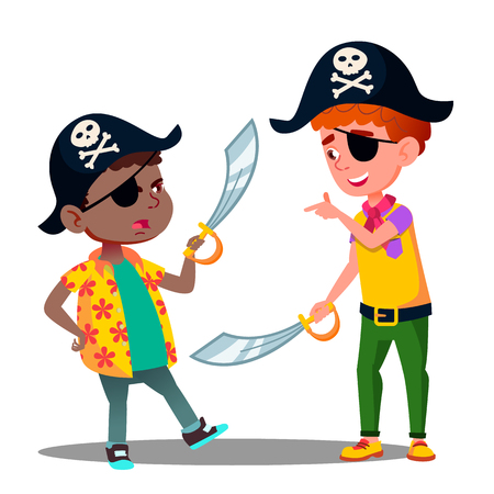 African And White Kids Play Pirates And Fighting With Sabers In Pirate Caps Vector. Illustrationのイラスト素材