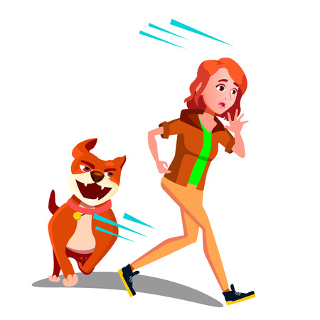 Scared Girl Runs Away From The Dog Vector. Illustrationのイラスト素材