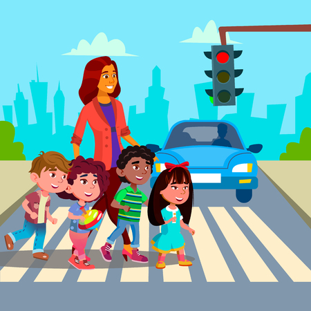 Kindergarten Teacher Transfer Across The Road Little Boys And Girls Vector. Illustrationのイラスト素材