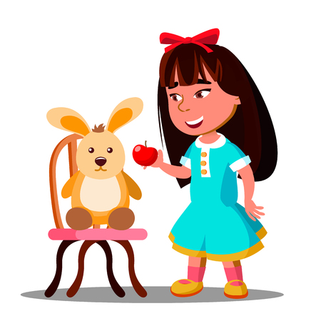 Little Girl Shares One Apple With Her Soft Toy Hare Vector. Illustrationのイラスト素材
