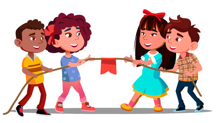 Multi-Ethnic Boys And Girls Pull The Rope In Team Game Vector. Isolated Illustrationのイラスト素材