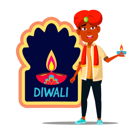 Indian Child Boy In Turban With Diwali Banner Vector. Isolated Illustrationのイラスト素材