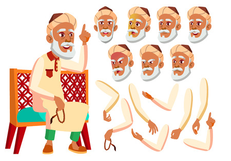 Arab, Muslim Old Man Vector. Senior. Aged, Elderly People. Positive Person. Face Emotions, Various Gestures. Illustrationのイラスト素材