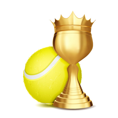 Tennis Award Vector. Tennis Ball, Golden Cup. For Sport Promotion. Tournament, Championship Flyer Design. Tennis Club, Academy. Invitation Element Illustrationのイラスト素材