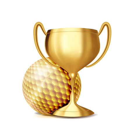 Golf Award Vector. Golf Ball, Golden Cup. Banner Advertising. Sport Event Announcement. Competition Announcement, Game, League Design. Championship Illustrationのイラスト素材