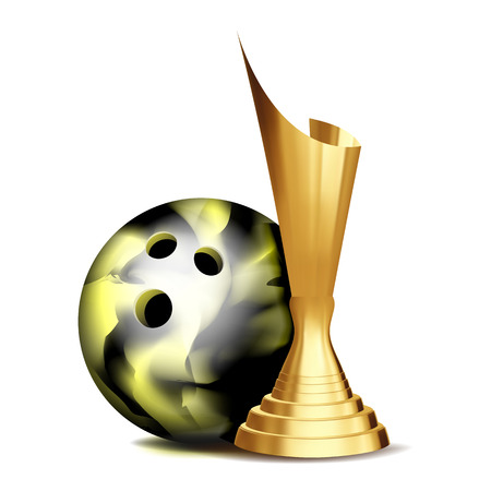 Bowling Award Vector. Bowling Ball, Golden Cup. Sports Game Event Announcement. Bowling Banner Advertising. Professional League. Sport Invitation. Stadium. Event Illustrationのイラスト素材