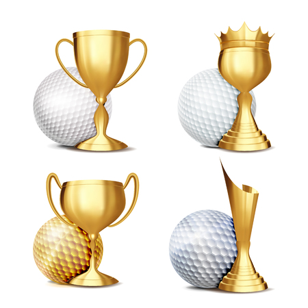 Golf Game Award Set Vector. Golf Ball, Golden Cup. Modern Golf Tournament. Design For Sport Promotion. Certificate, Diploma. Sport Event Announcement. Banner Advertising. Illustrationのイラスト素材