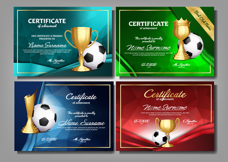 Soccer Game Certificate Diploma With Golden Cup Set Vector. Football. Sport Award Template. Achievement Design. A4. Graduation. Document. Champion. Best Prize. Winner Trophy. Template Illustrationのイラスト素材