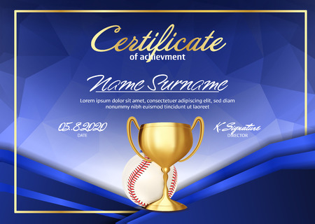 Baseball Game Certificate Diploma With Golden Cup Vector. Sport Graduate Champion. Best Prize. Winner Trophy. A4 Horizontal. Illustrationのイラスト素材