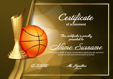 Basketball Certificate Diploma With Golden Cup Vector. Sport Vintage Appreciation. Modern Gift. Print Blank. A4 Horizontal. Event Illustrationのイラスト素材