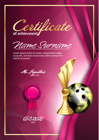 Bowling Certificate Diploma With Golden Cup Vector. Sport Vintage Appreciation. Modern Gift. Print Blank. A4 Vertical. Event Illustrationのイラスト素材